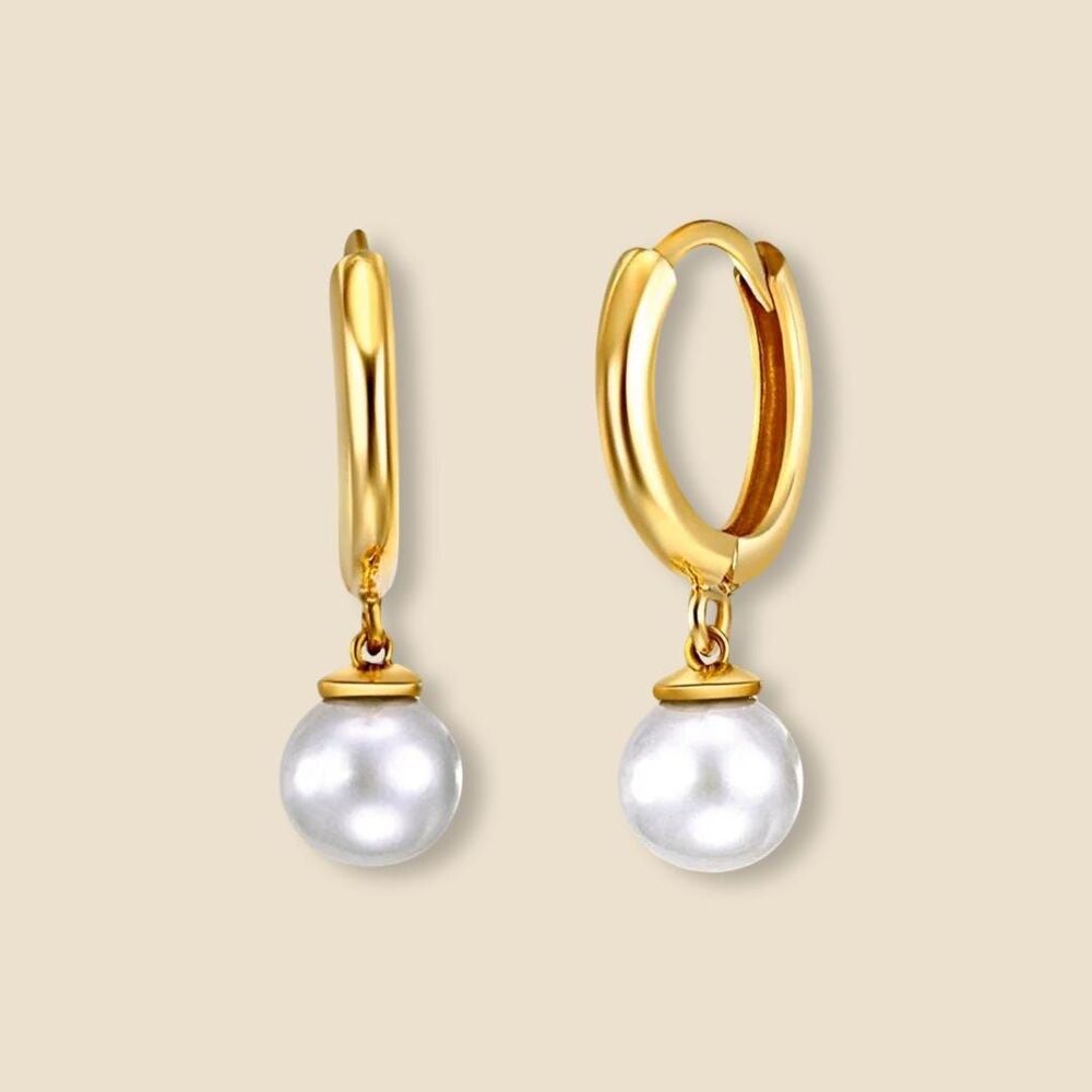 14K Yellow Gold Pearl Huggies Earrings | Dainty Hoop Design By Tehrani Jewelry